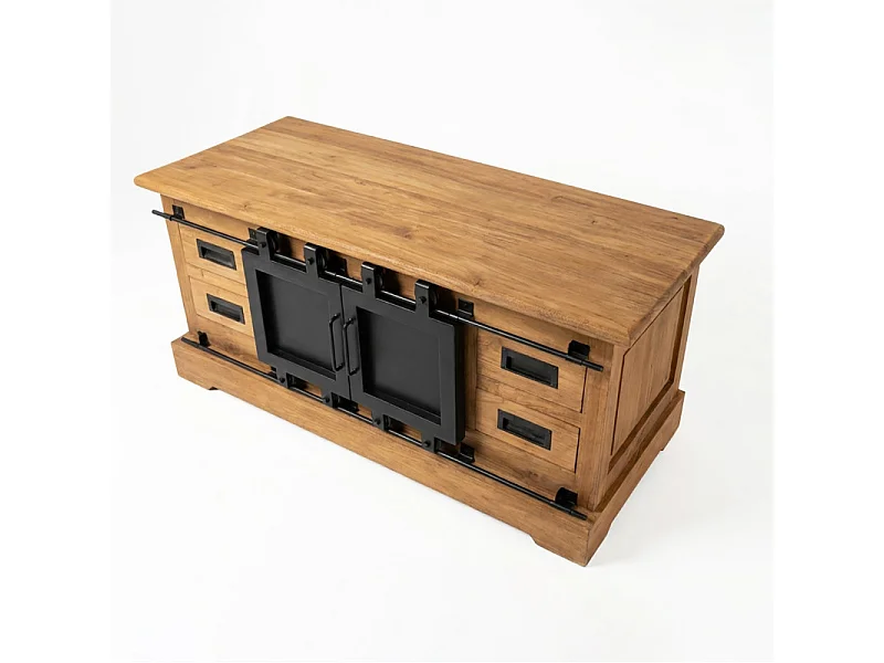 Meuble TV L. 110 cm en bois de teck massif et métal noir – EDWARDS