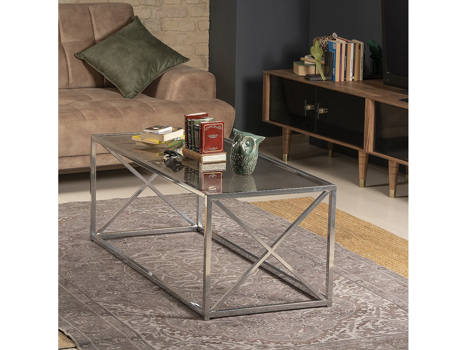 Decorotika Geises Coffee Table Metal Frame and Tempered Glass - 45 cm H x 120 cm L x 50 cm D