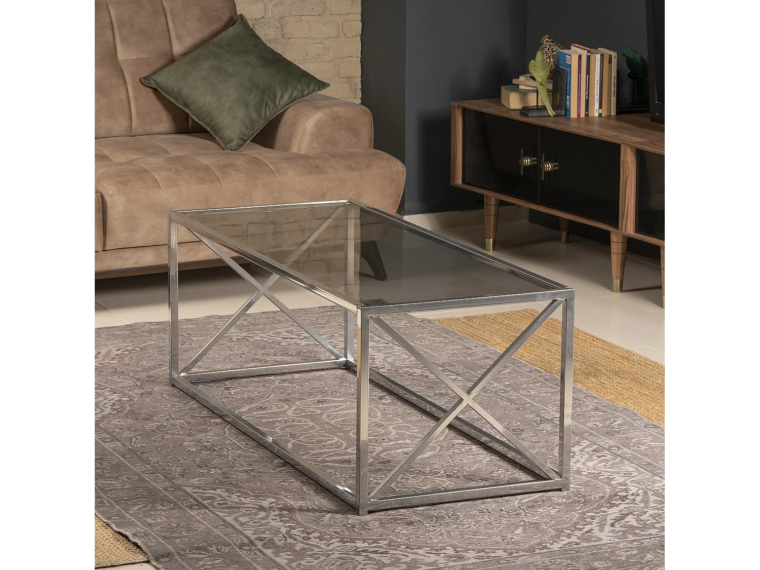 Decorotika Geises Coffee Table Metal Frame and Tempered Glass - 45 cm H x 120 cm L x 50 cm D
