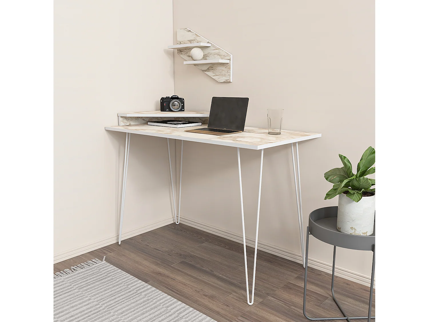 Decorotika Desalvo Study Desk with Wall Shelf and Metal Legs - W 120 cm x H 75 cm x D 60 cm