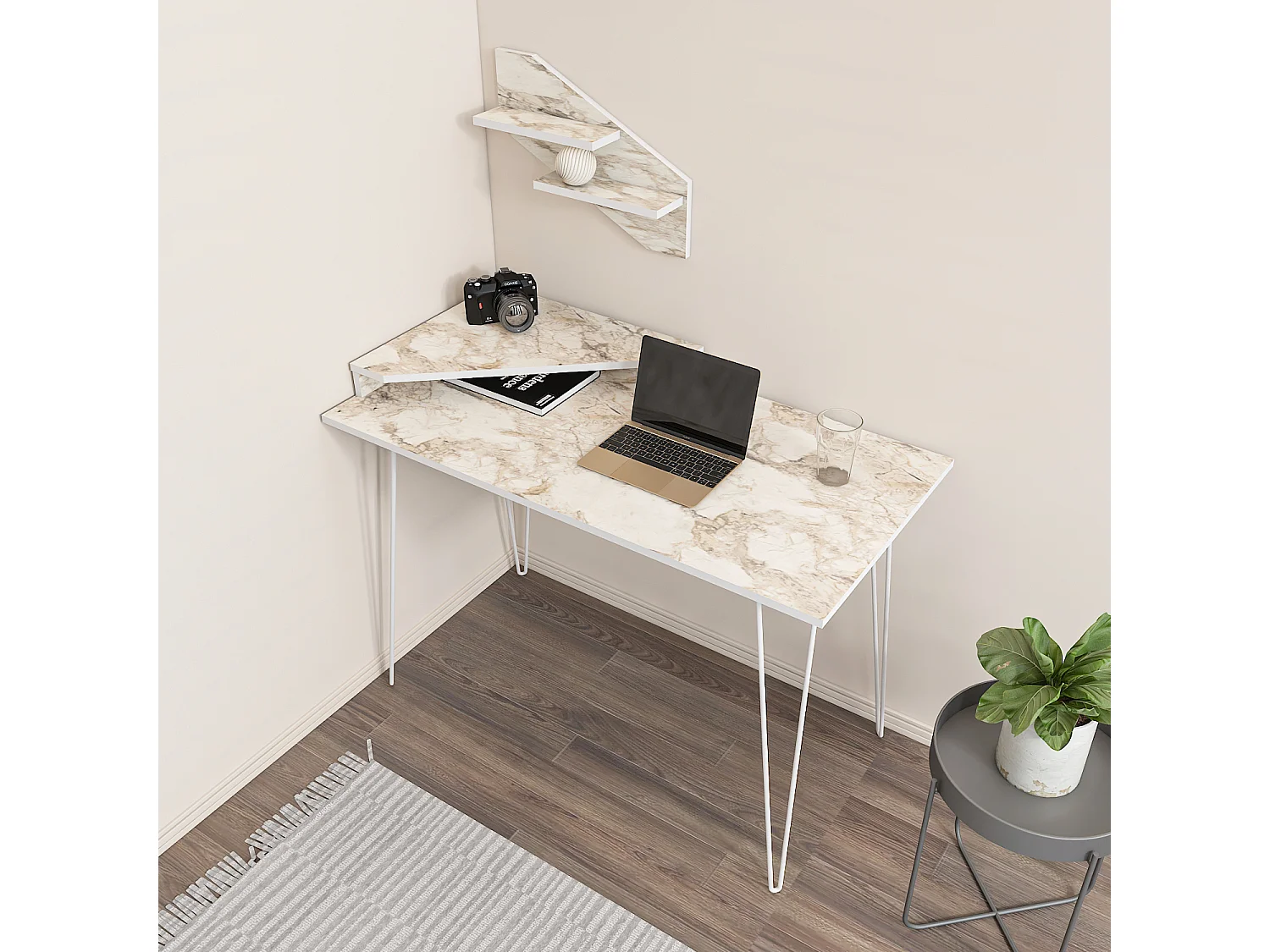 Decorotika Desalvo Study Desk with Wall Shelf and Metal Legs - W 120 cm x H 75 cm x D 60 cm