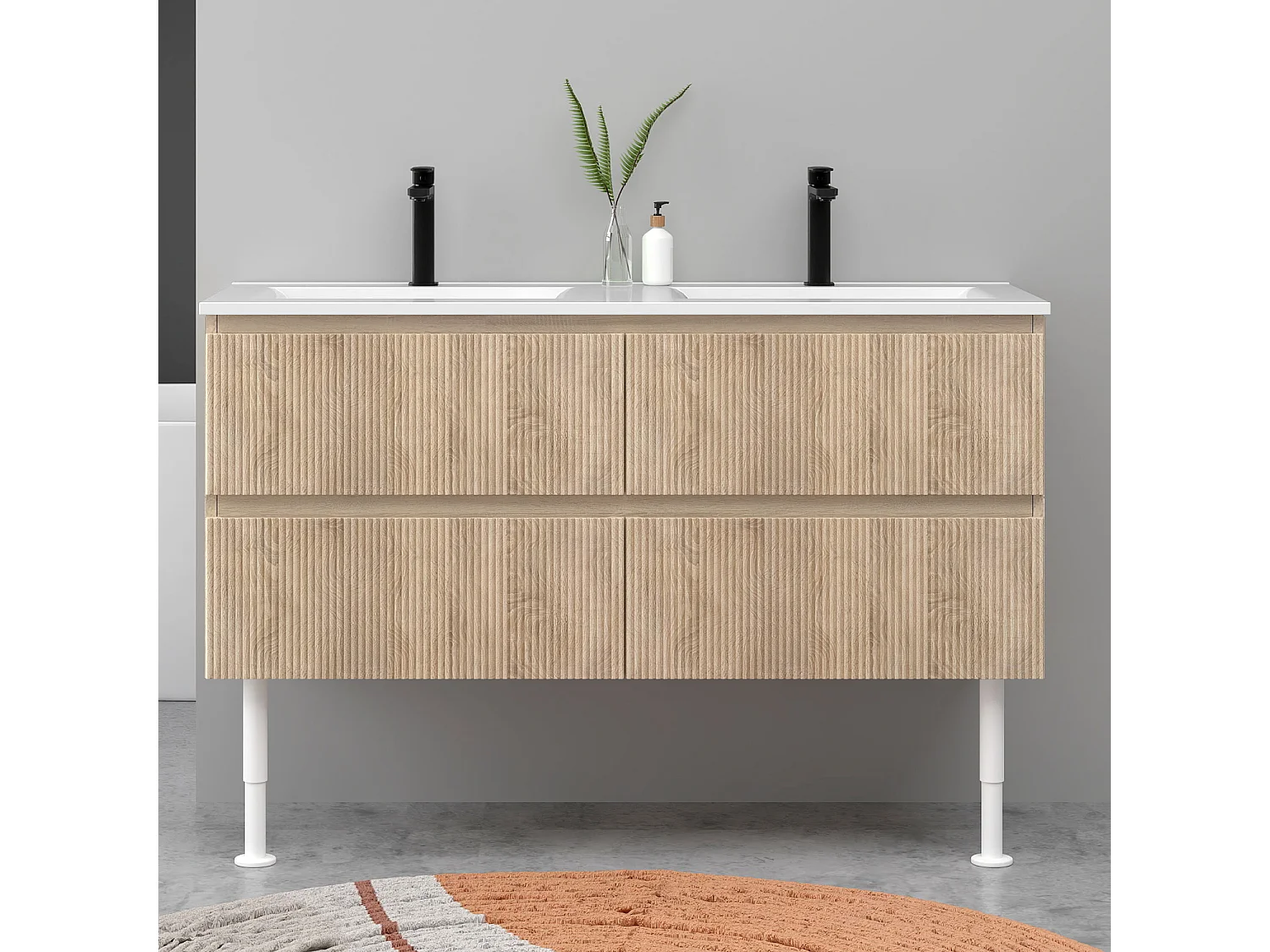 Meuble de salle de bain suspendu Strié 120cm avec pieds + double vasque + 4 tiroirs, Chêne