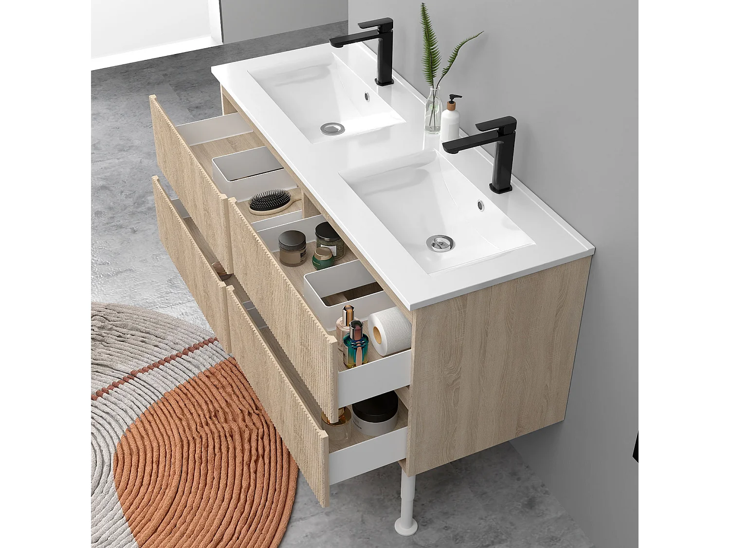 Meuble de salle de bain suspendu Strié 120cm avec pieds + double vasque + 4 tiroirs, Chêne