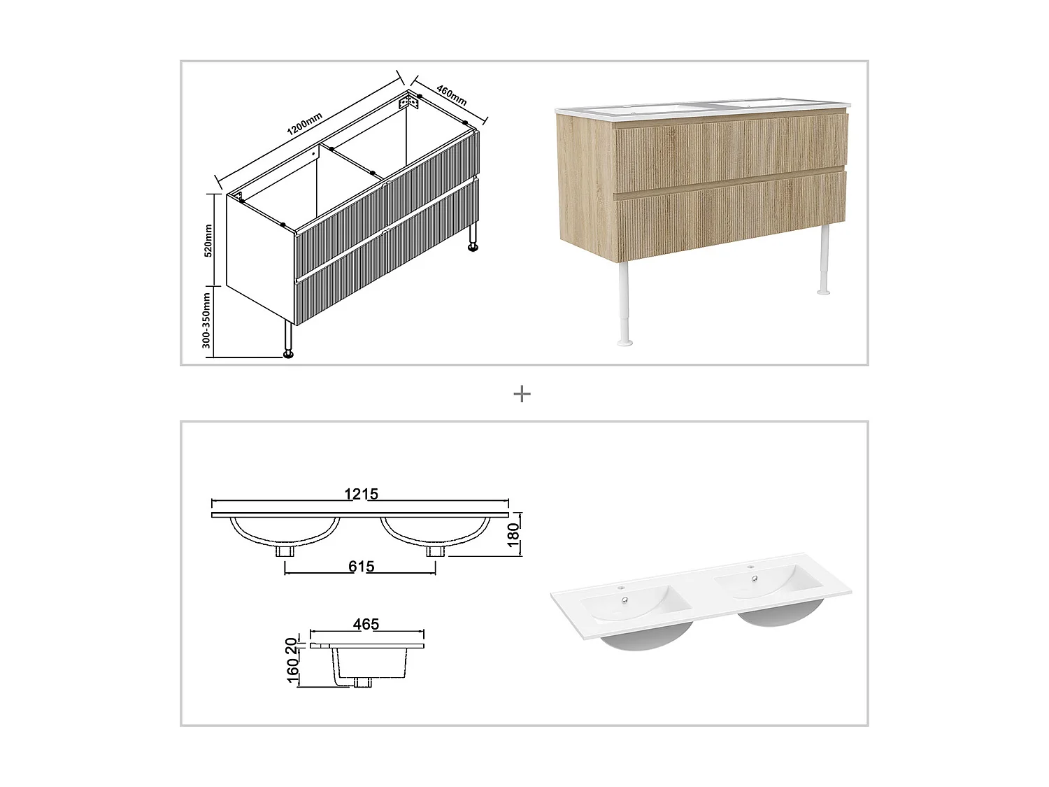Meuble de salle de bain suspendu Strié 120cm avec pieds + double vasque + 4 tiroirs, Chêne