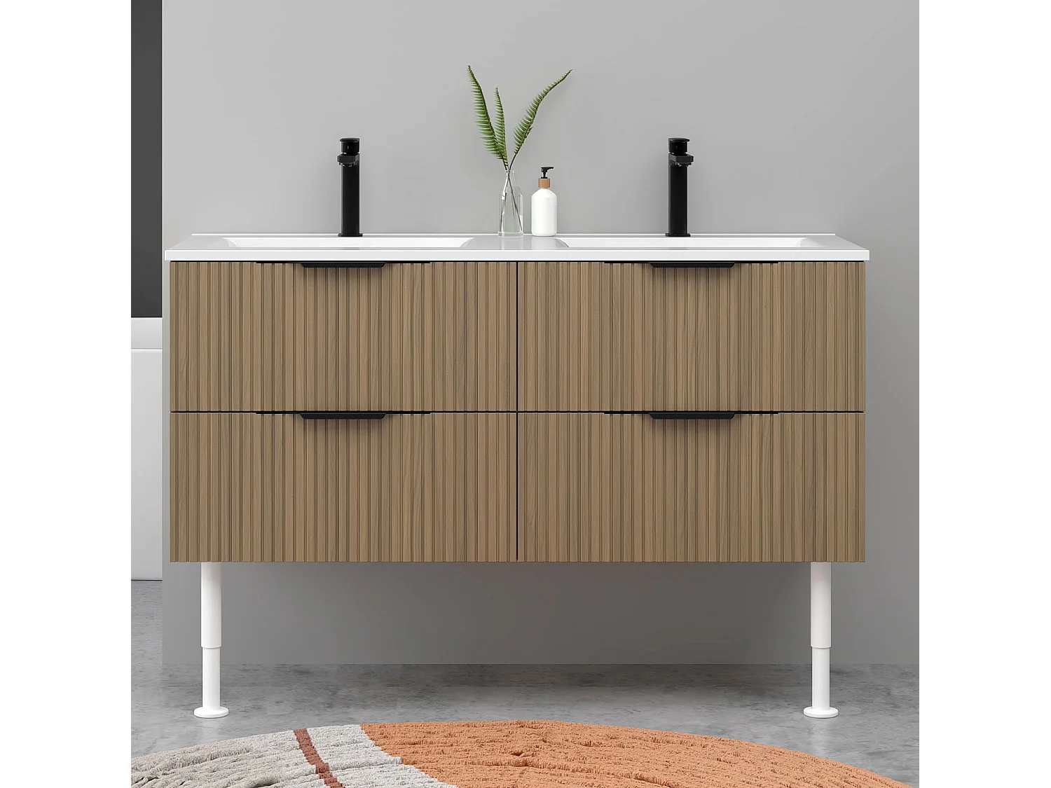 Meuble de salle de bain suspendu Strié 120cm avec pieds + poignées + double vasque + 4 tiroirs, Noyer