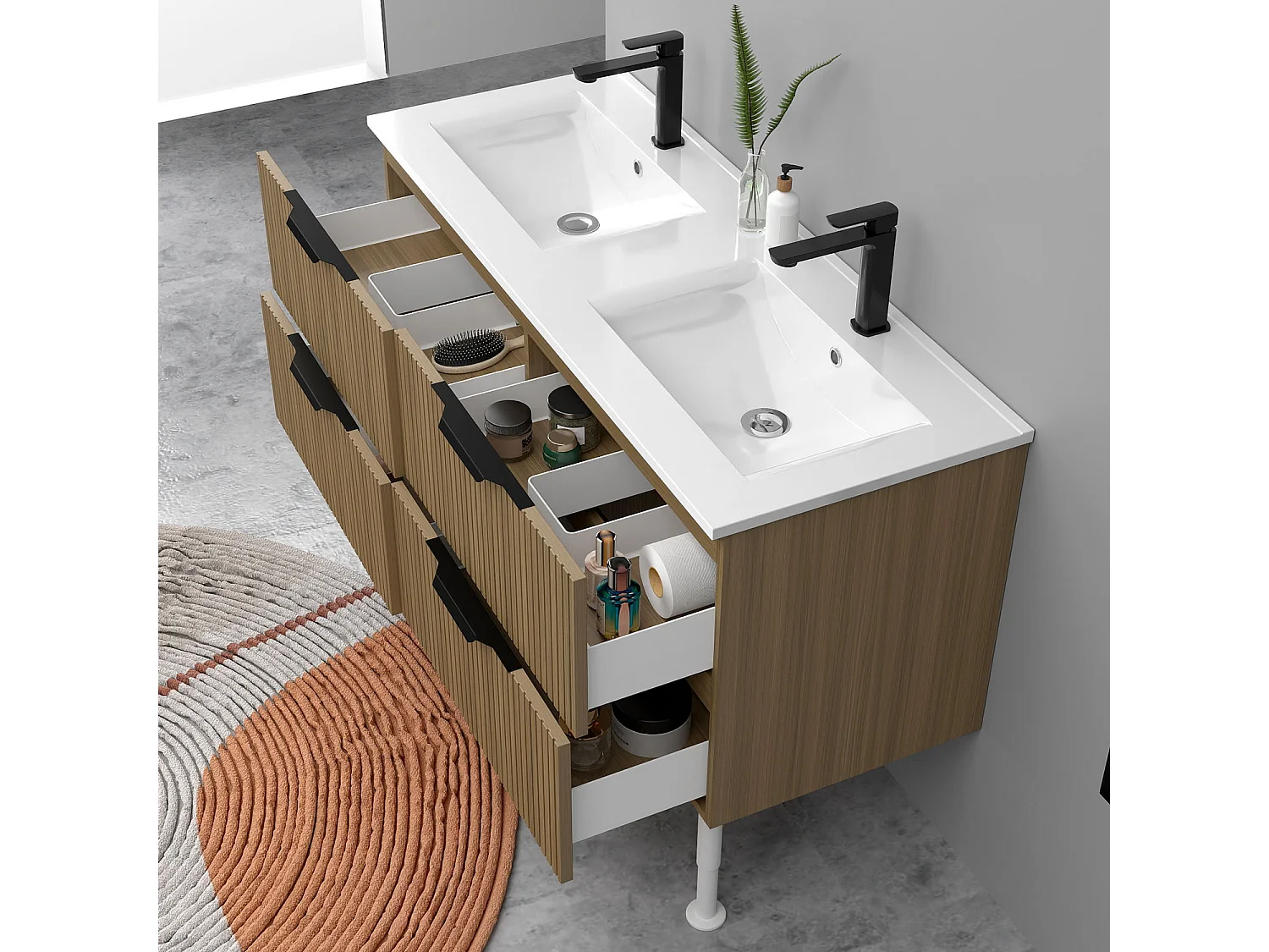 Meuble de salle de bain suspendu Strié 120cm avec pieds + poignées + double vasque + 4 tiroirs, Noyer