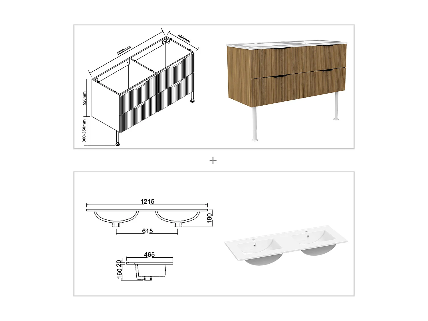 Meuble de salle de bain suspendu Strié 120cm avec pieds + poignées + double vasque + 4 tiroirs, Noyer