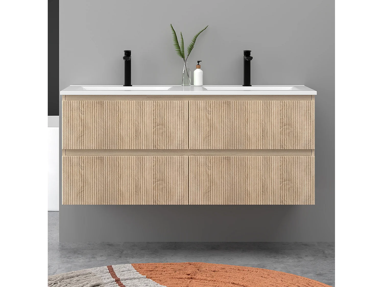 Meuble de salle de bain suspendu Strié 120cm avec double vasque + 4 tiroirs, Chêne