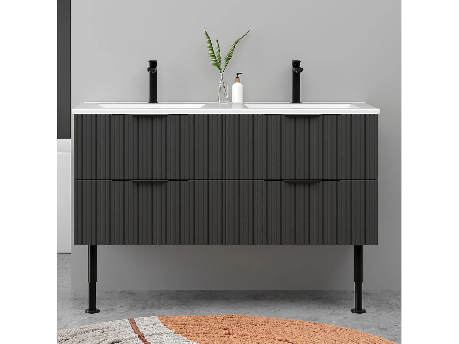 Meuble de salle de bain suspendu Strié 120cm avec pieds +  poignées + double vasque + 4 tiroirs, Anthracite