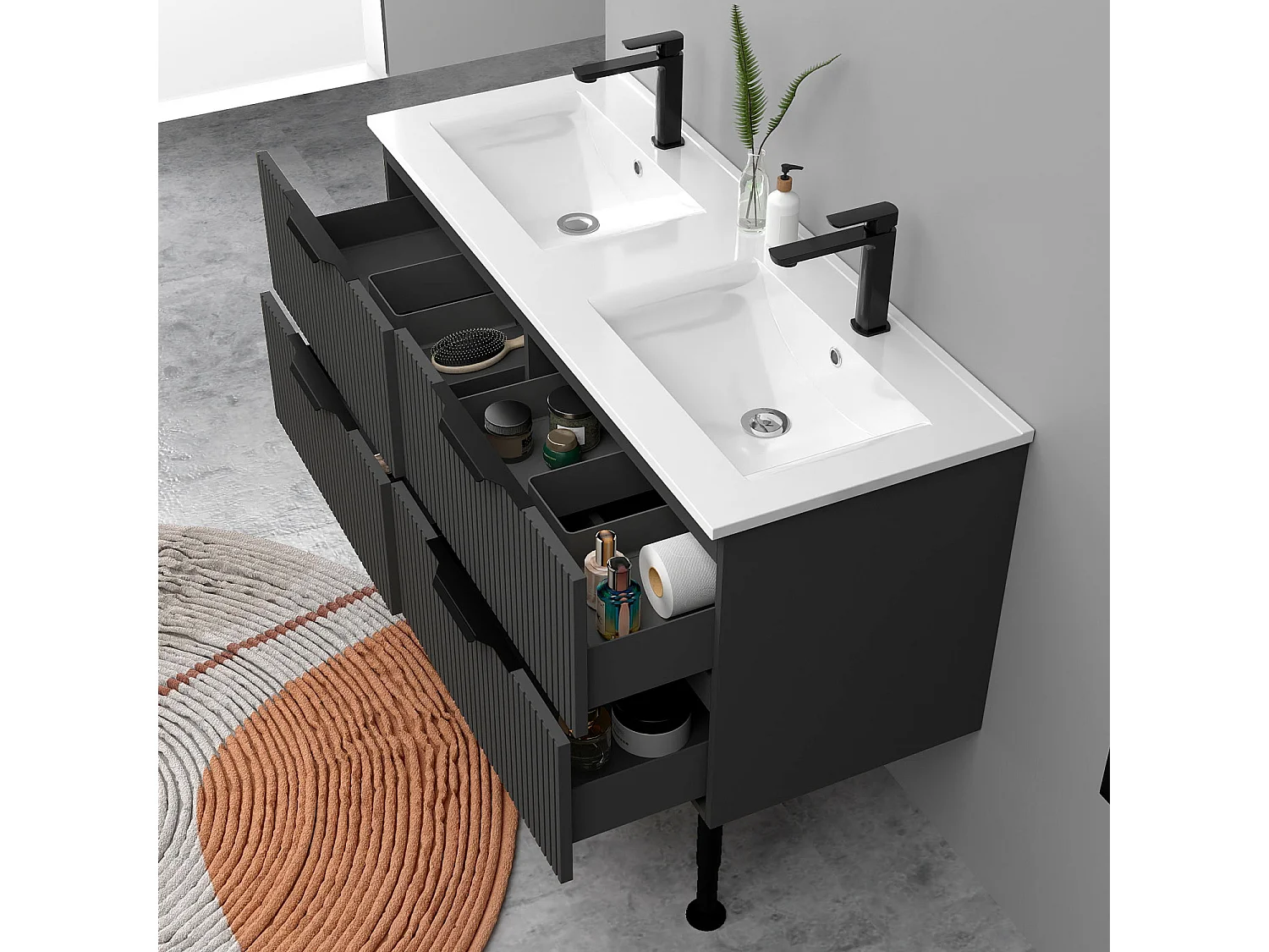 Meuble de salle de bain suspendu Strié 120cm avec pieds +  poignées + double vasque + 4 tiroirs, Anthracite