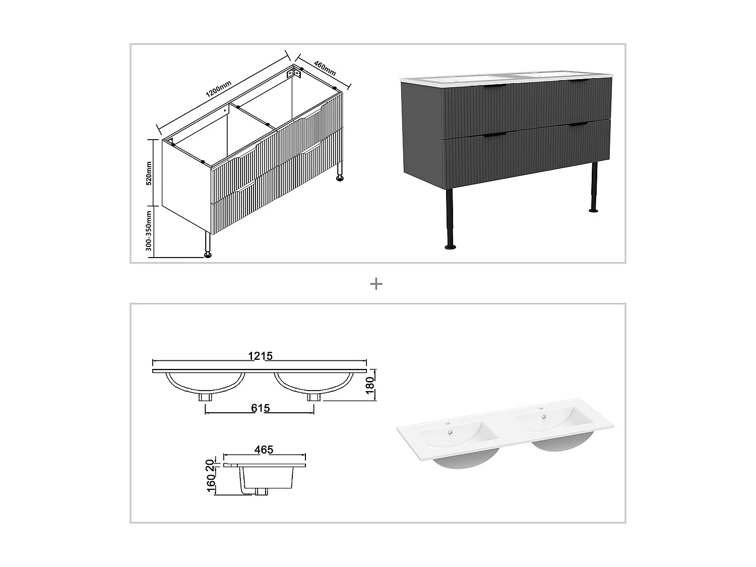 Meuble de salle de bain suspendu Strié 120cm avec pieds +  poignées + double vasque + 4 tiroirs, Anthracite