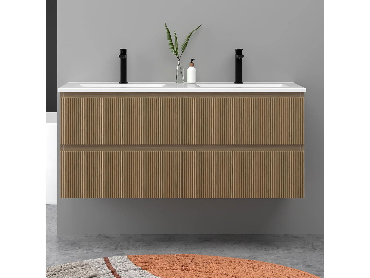 Meuble de salle de bain suspendu Strié 120cm avec double vasque + 4 tiroirs, Noyer