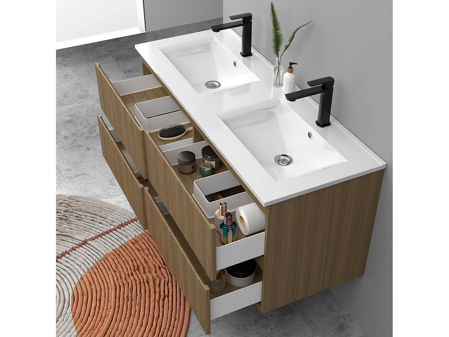 Meuble de salle de bain suspendu Strié 120cm avec double vasque + 4 tiroirs, Noyer