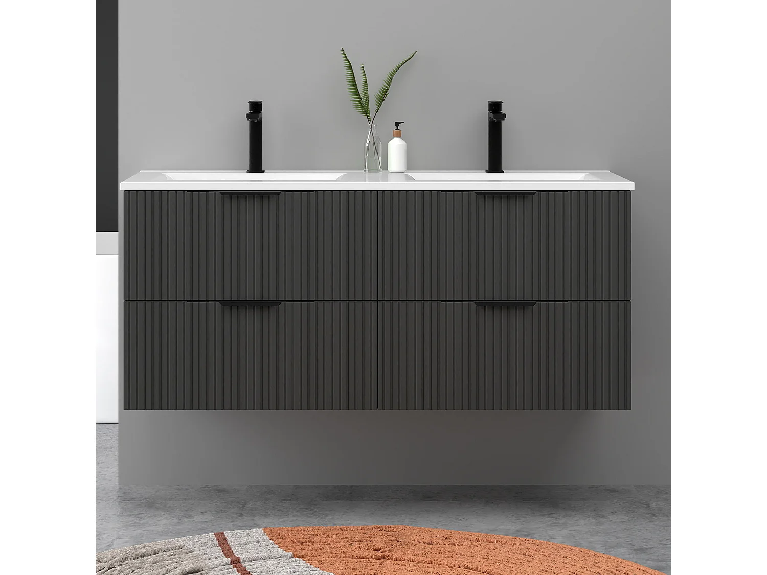 Meuble de salle de bain suspendu Strié 120cm avec poignées + double vasque + 4 tiroirs, Anthracite