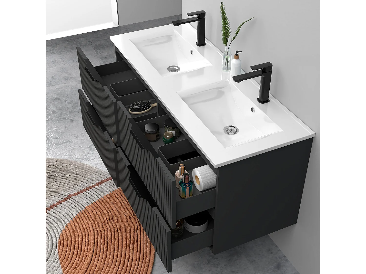 Meuble de salle de bain suspendu Strié 120cm avec poignées + double vasque + 4 tiroirs, Anthracite