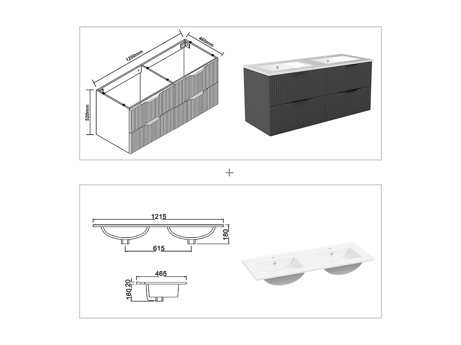 Meuble de salle de bain suspendu Strié 120cm avec poignées + double vasque + 4 tiroirs, Anthracite
