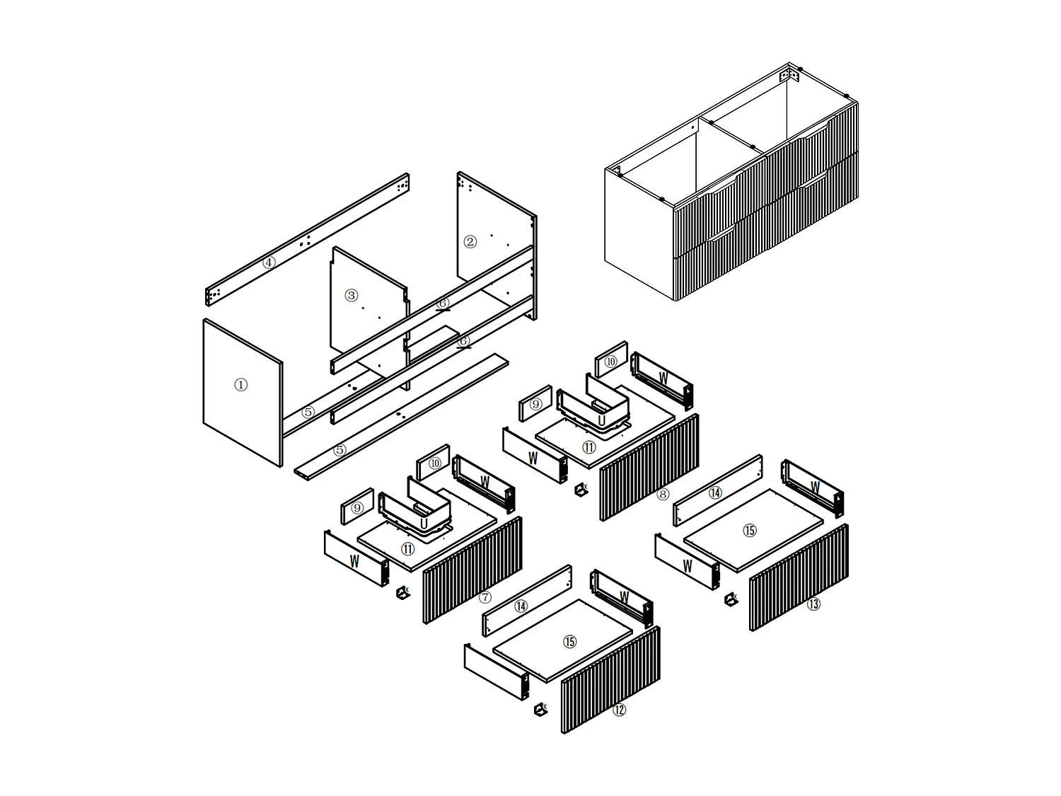 Meuble de salle de bain suspendu Strié 120cm avec poignées + double vasque + 4 tiroirs, Anthracite