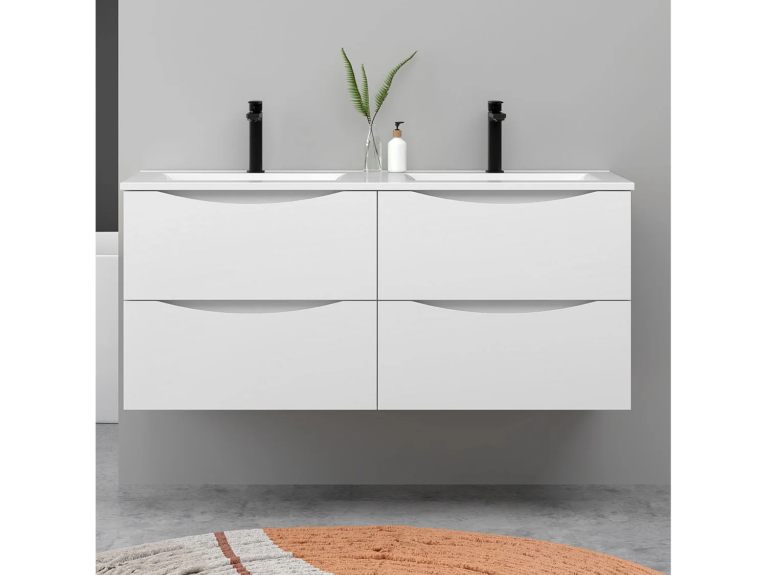Meuble de salle de bain suspendu 120cm avec double vasque + 4 tiroirs, Blanc