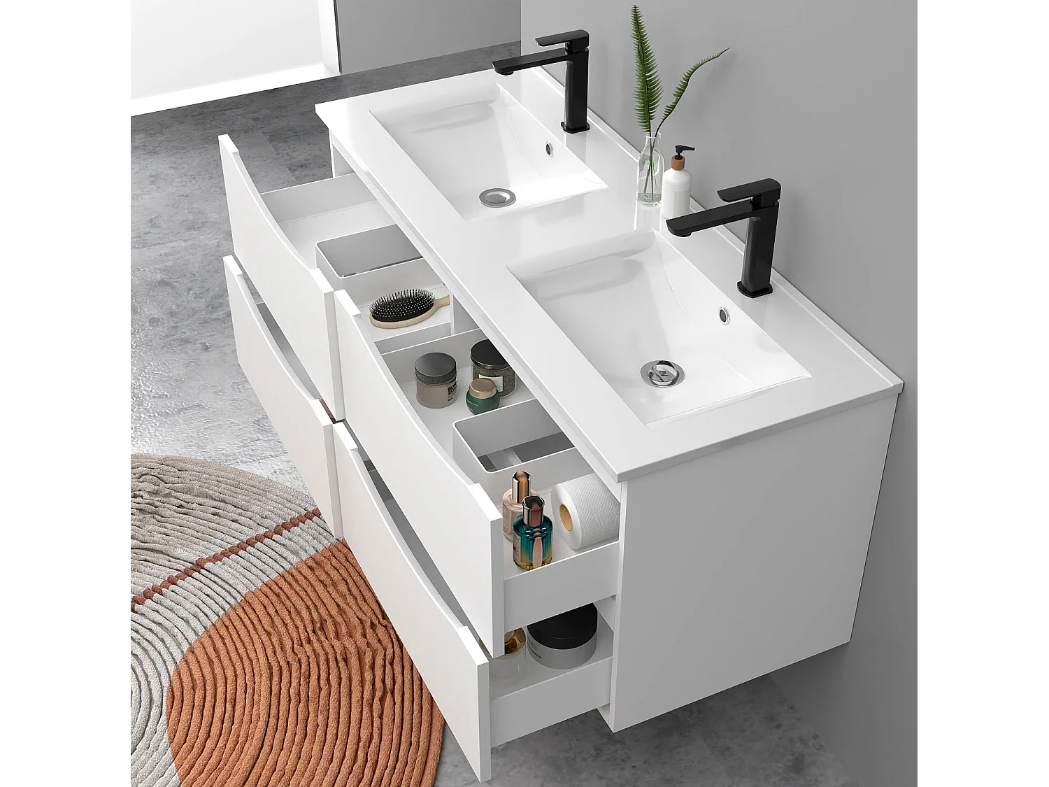 Meuble de salle de bain suspendu 120cm avec double vasque + 4 tiroirs, Blanc
