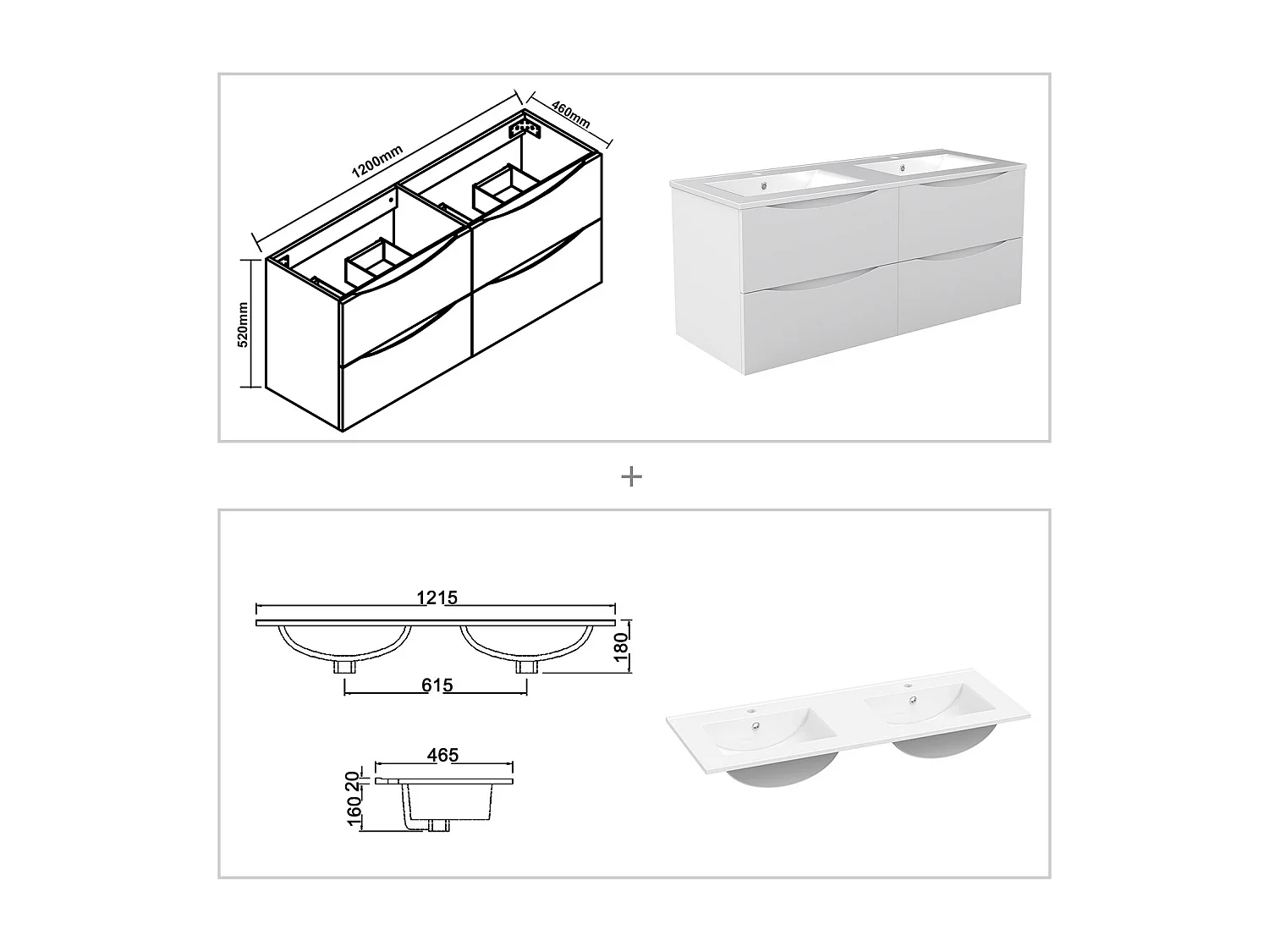 Meuble de salle de bain suspendu 120cm avec double vasque + 4 tiroirs, Blanc