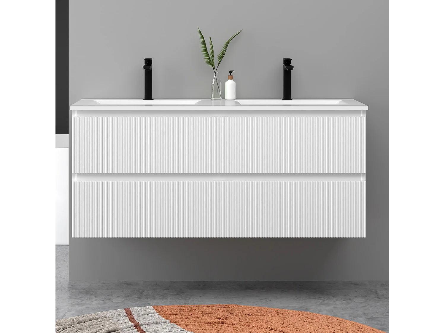 Meuble de salle de bain suspendu Strié 120cm avec double vasque + 4 tiroirs, Blanc