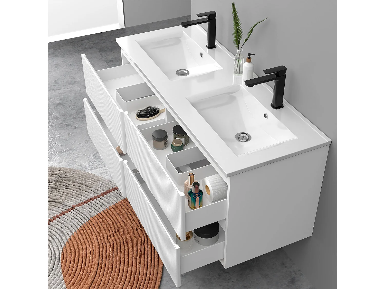 Meuble de salle de bain suspendu Strié 120cm avec double vasque + 4 tiroirs, Blanc