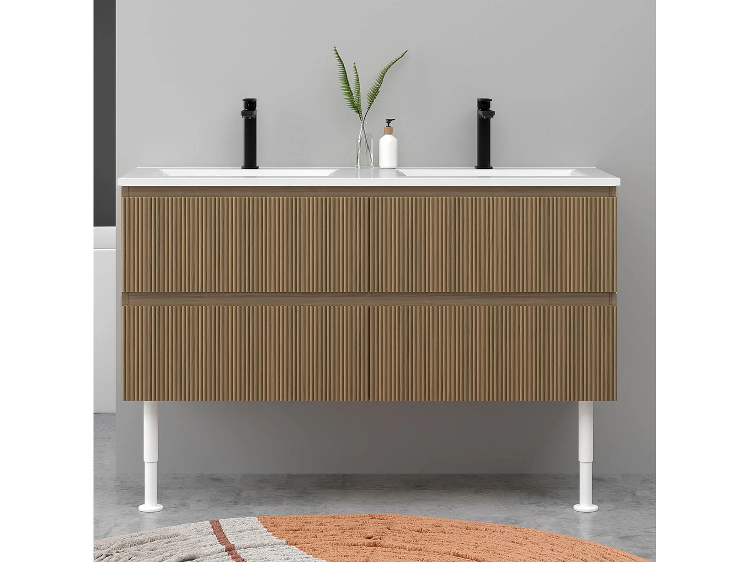 Meuble de salle de bain suspendu Strié 120cm avec pieds + double vasque + 4 tiroirs, Noyer