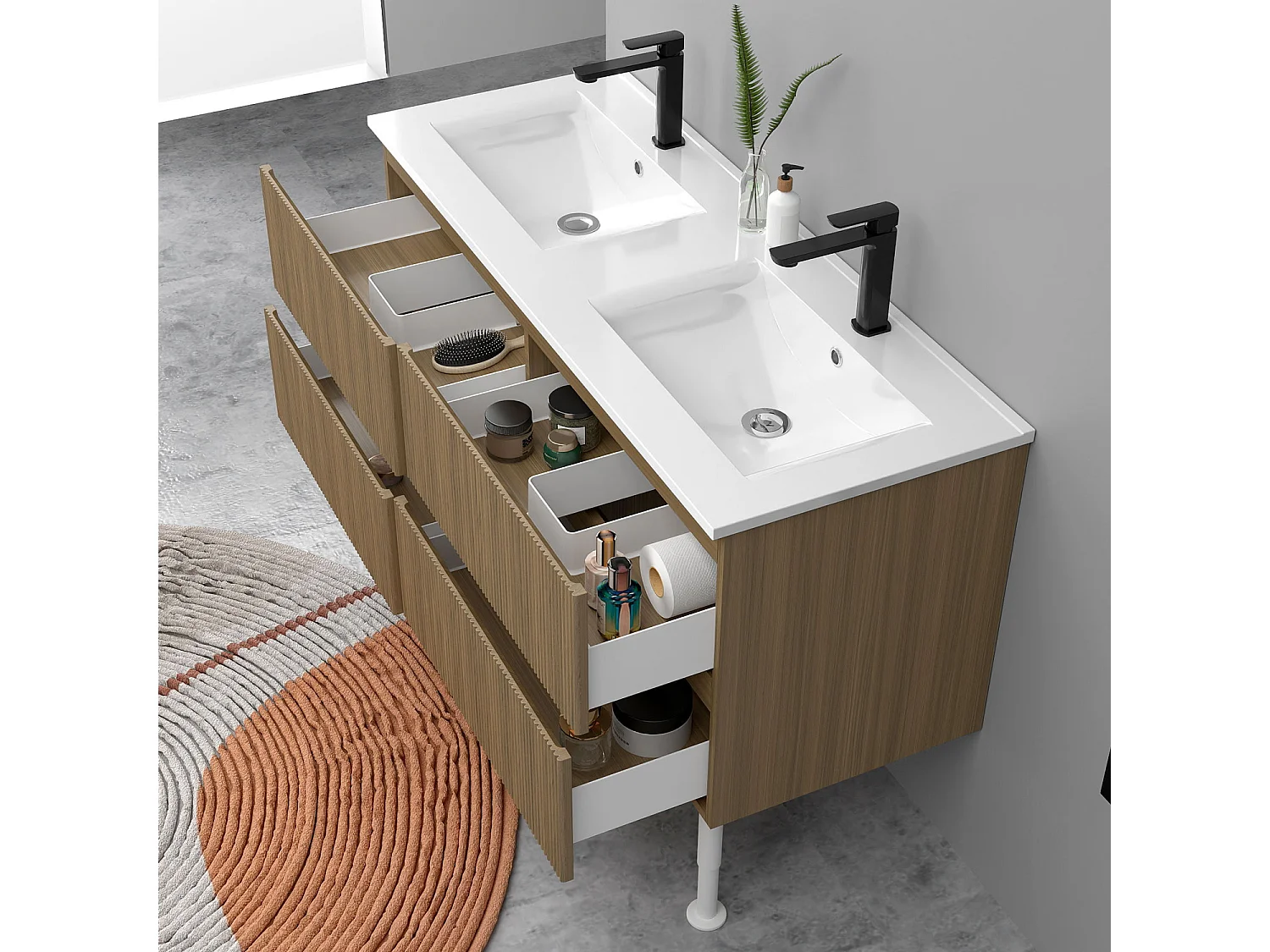 Meuble de salle de bain suspendu Strié 120cm avec pieds + double vasque + 4 tiroirs, Noyer