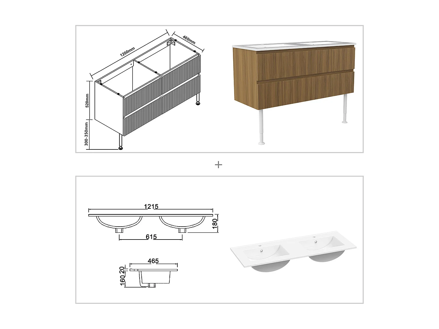 Meuble de salle de bain suspendu Strié 120cm avec pieds + double vasque + 4 tiroirs, Noyer