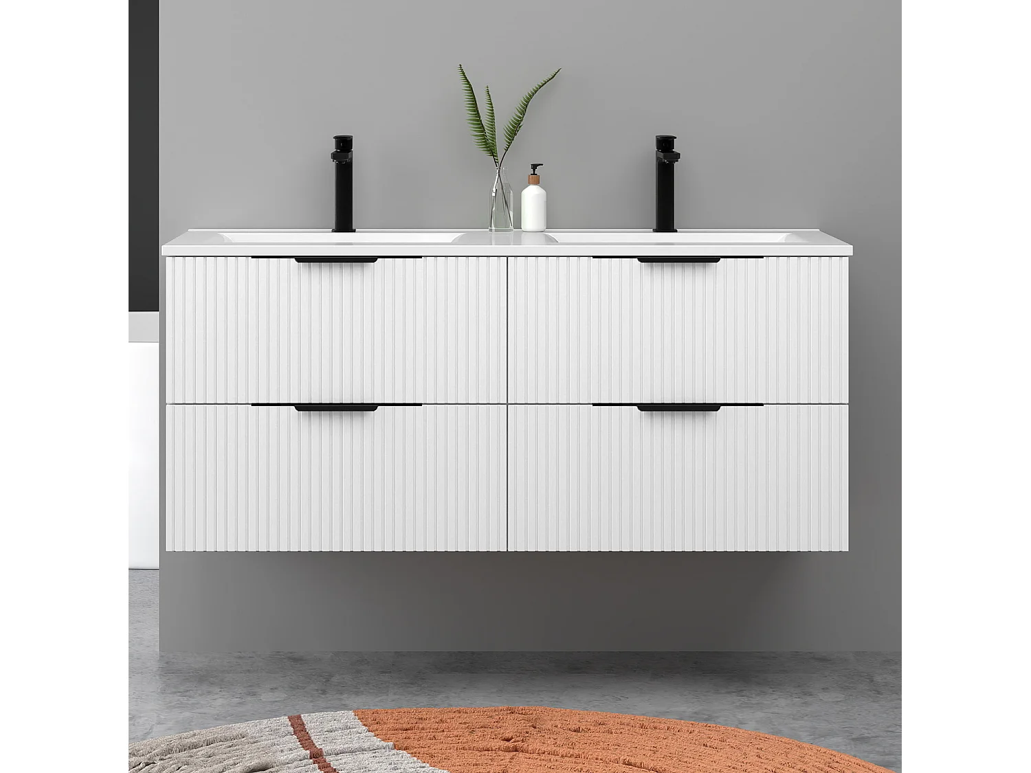 Meuble de salle de bain suspendu Strié 120cm avec poignées + double vasque + 4 tiroirs, Blanc