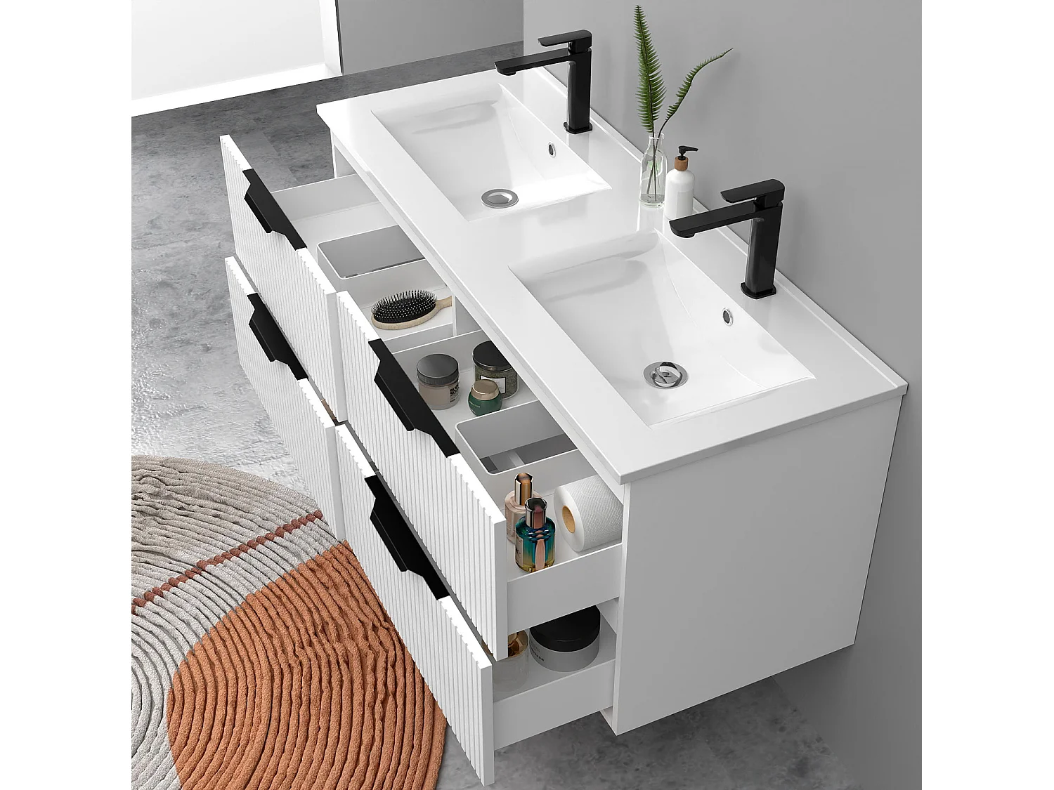 Meuble de salle de bain suspendu Strié 120cm avec poignées + double vasque + 4 tiroirs, Blanc