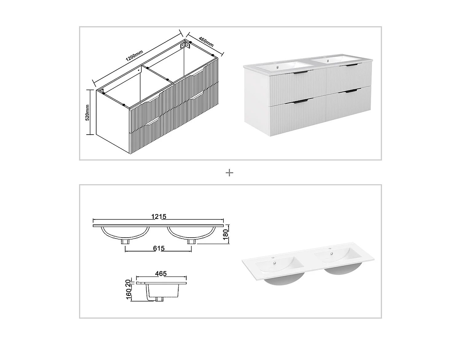 Meuble de salle de bain suspendu Strié 120cm avec poignées + double vasque + 4 tiroirs, Blanc