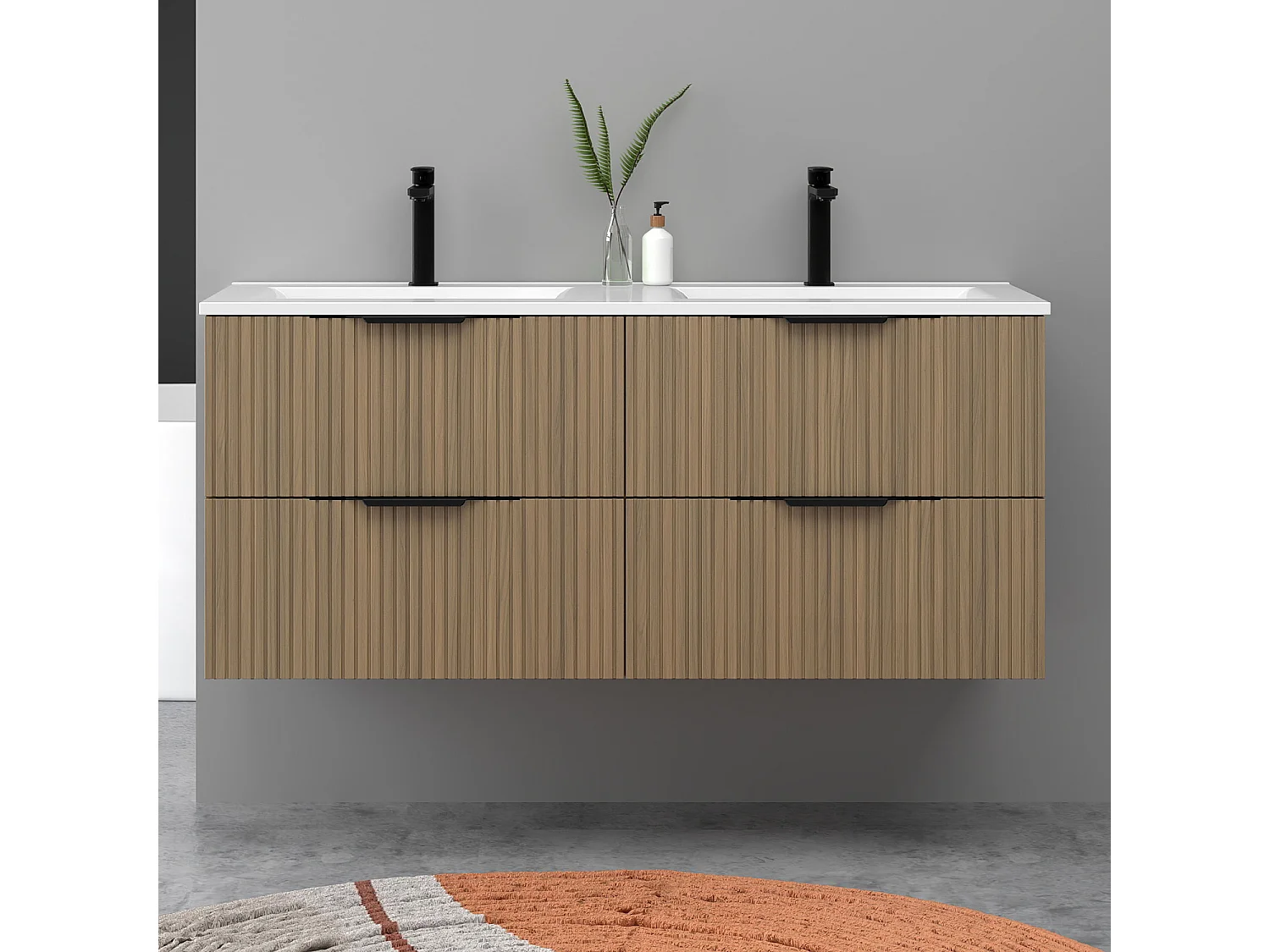 Meuble de salle de bain suspendu Strié 120cm avec poignées + double vasque + 4 tiroirs, Noyer
