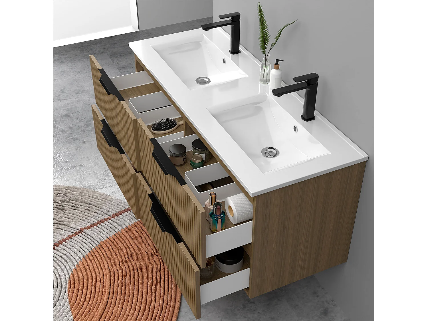 Meuble de salle de bain suspendu Strié 120cm avec poignées + double vasque + 4 tiroirs, Noyer