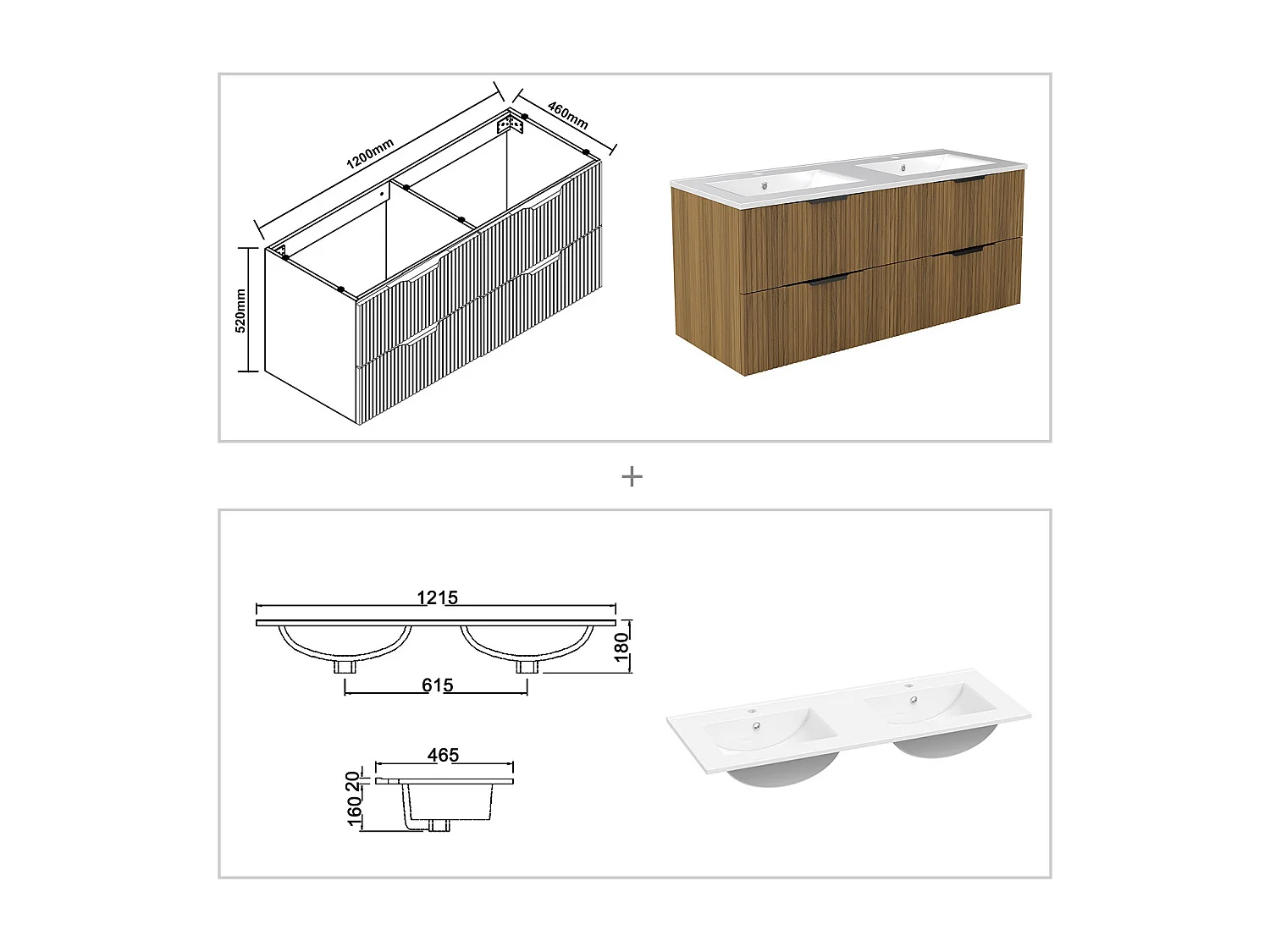 Meuble de salle de bain suspendu Strié 120cm avec poignées + double vasque + 4 tiroirs, Noyer