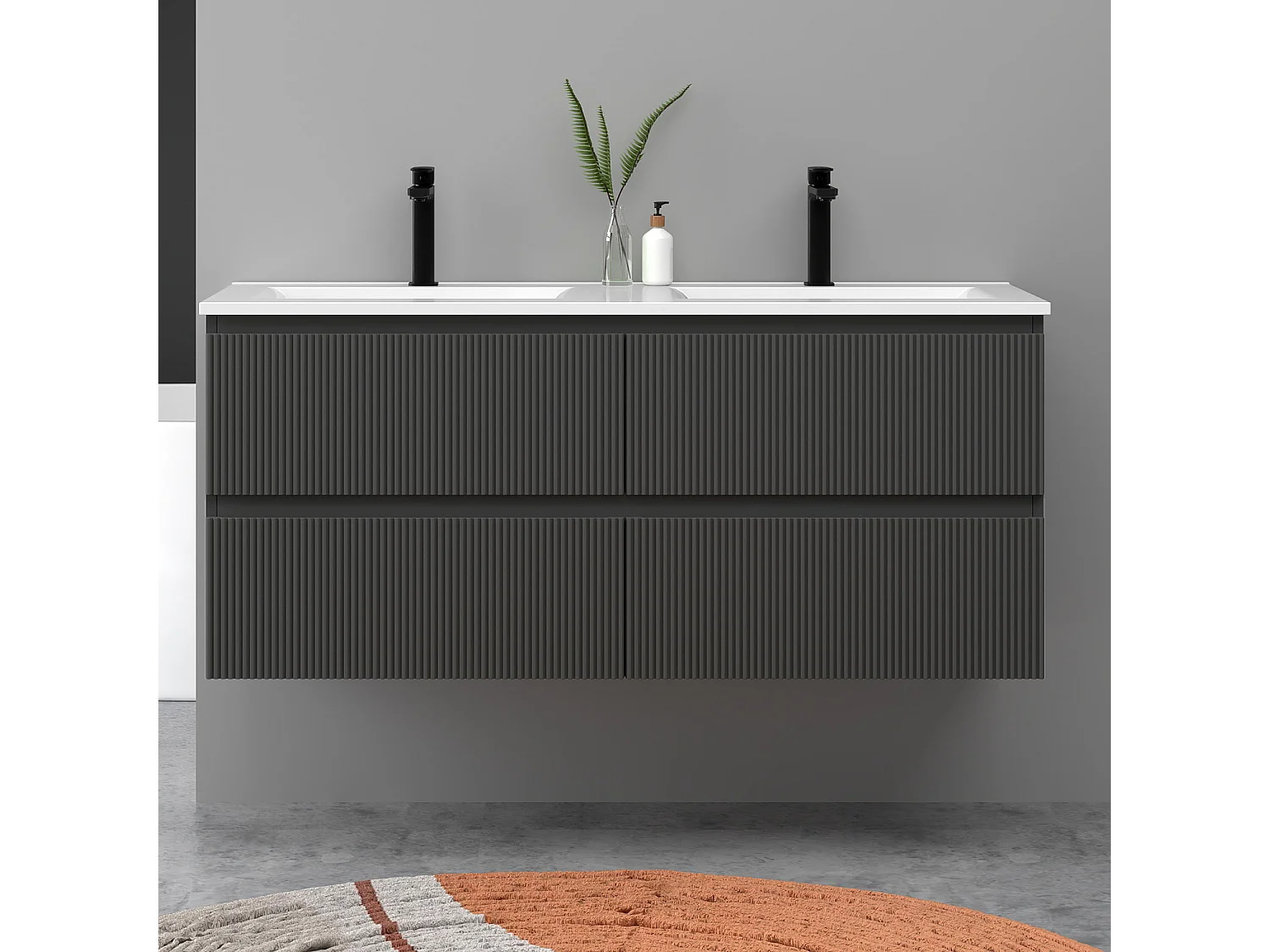 Meuble de salle de bain suspendu Strié 120cm avec double vasque + 4 tiroirs, Anthracite