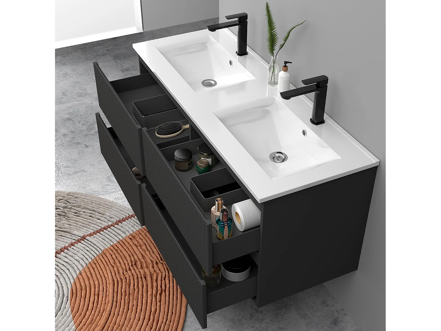 Meuble de salle de bain suspendu Strié 120cm avec double vasque + 4 tiroirs, Anthracite