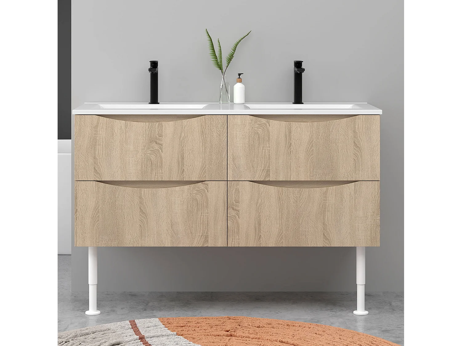 Meuble de salle de bain suspendu 120cm avec pieds + double vasque + 4 tiroirs, Chêne
