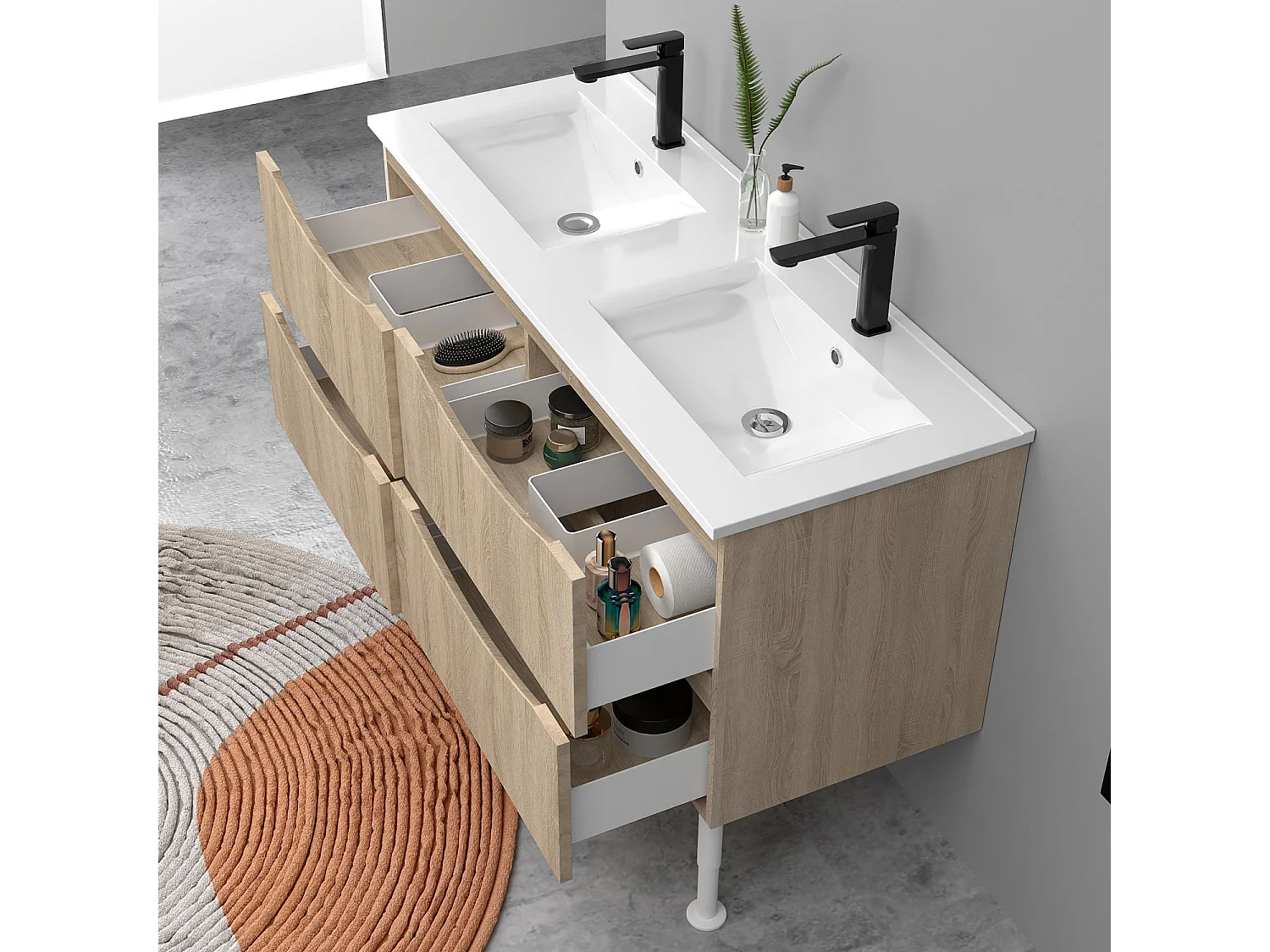 Meuble de salle de bain suspendu 120cm avec pieds + double vasque + 4 tiroirs, Chêne