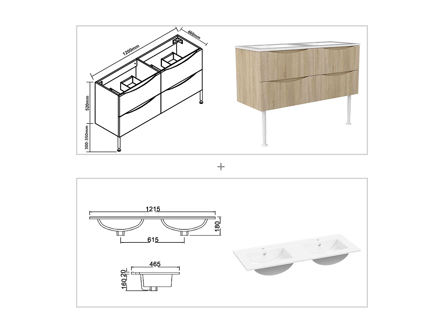 Meuble de salle de bain suspendu 120cm avec pieds + double vasque + 4 tiroirs, Chêne