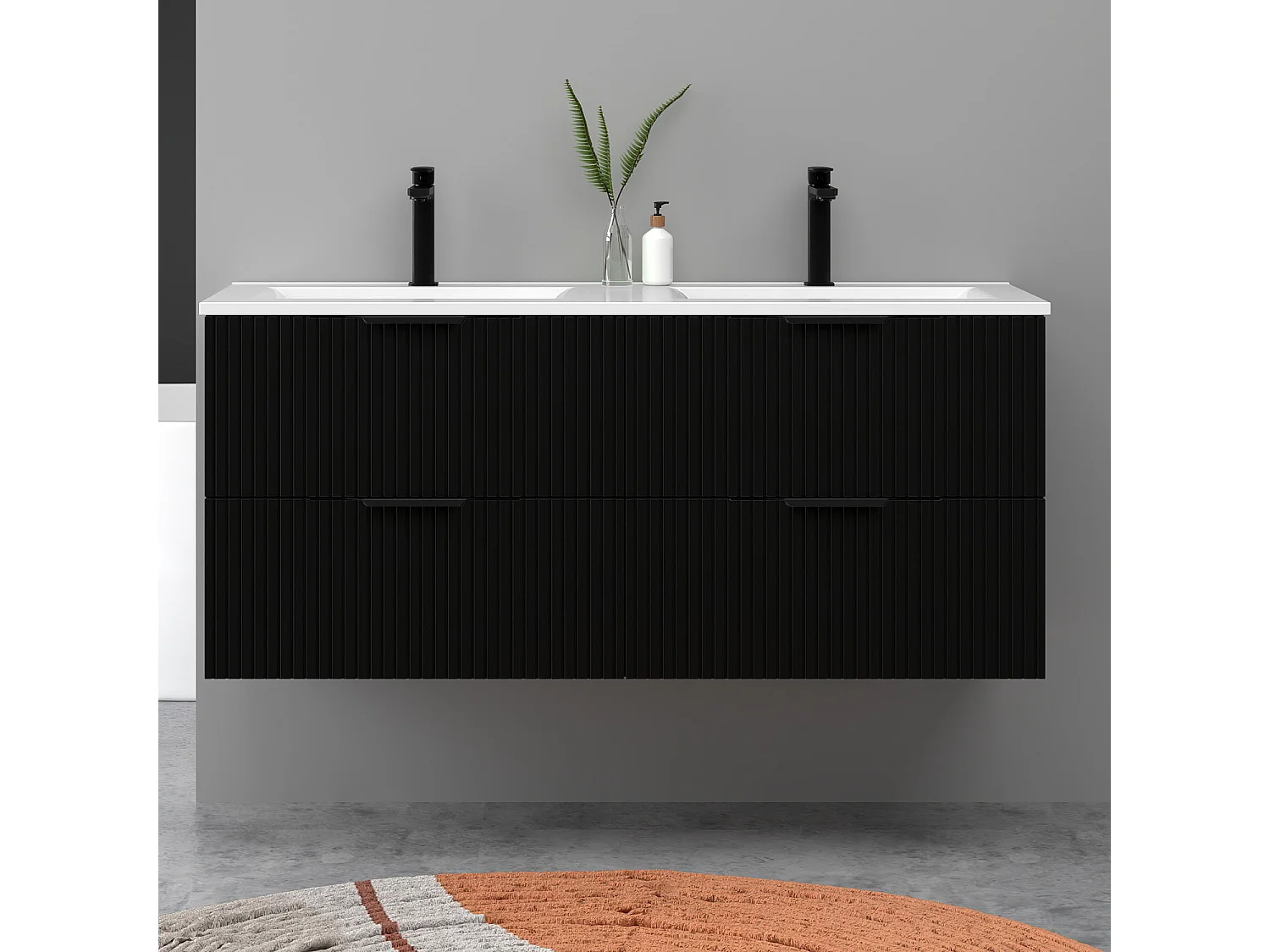 Meuble de salle de bain suspendu Strié 120cm avec poignées + double vasque + 4 tiroirs, Noir