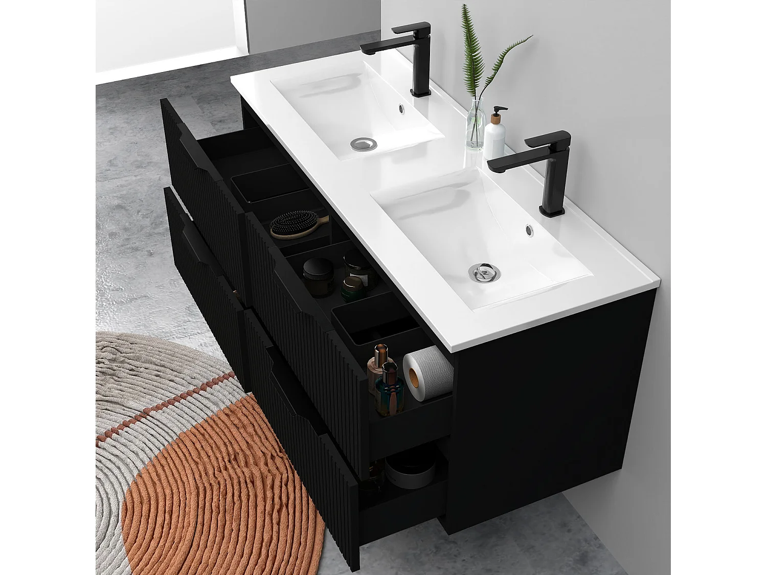 Meuble de salle de bain suspendu Strié 120cm avec poignées + double vasque + 4 tiroirs, Noir