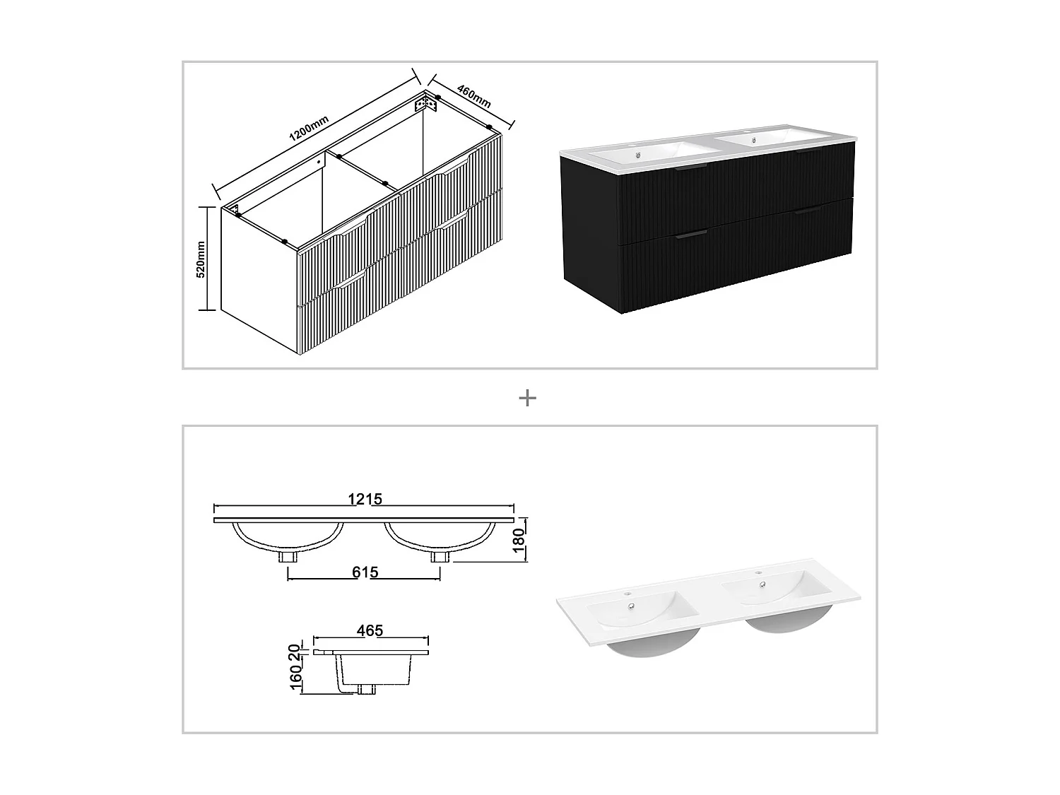Meuble de salle de bain suspendu Strié 120cm avec poignées + double vasque + 4 tiroirs, Noir