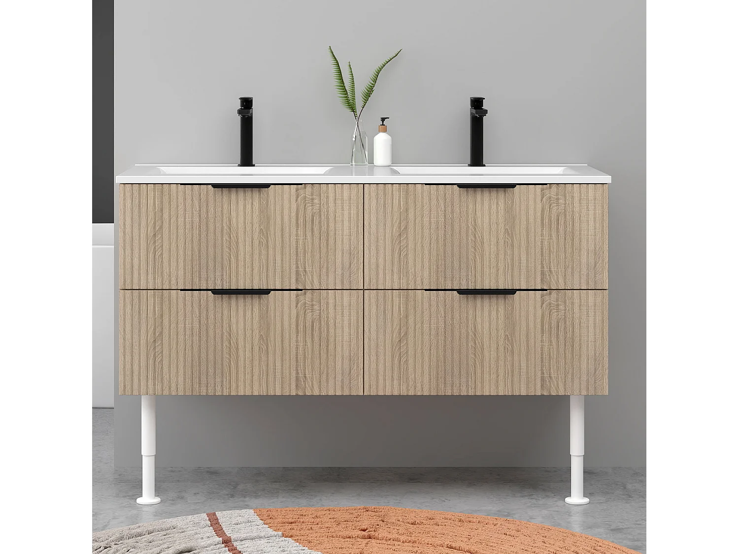 Meuble de salle de bain suspendu Strié 120cm avec pieds + poignées + double vasque + 4 tiroirs, Chêne