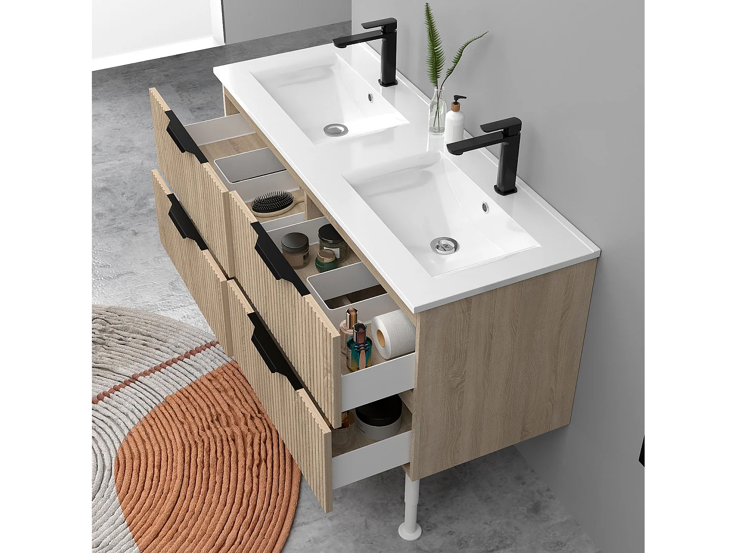 Meuble de salle de bain suspendu Strié 120cm avec pieds + poignées + double vasque + 4 tiroirs, Chêne