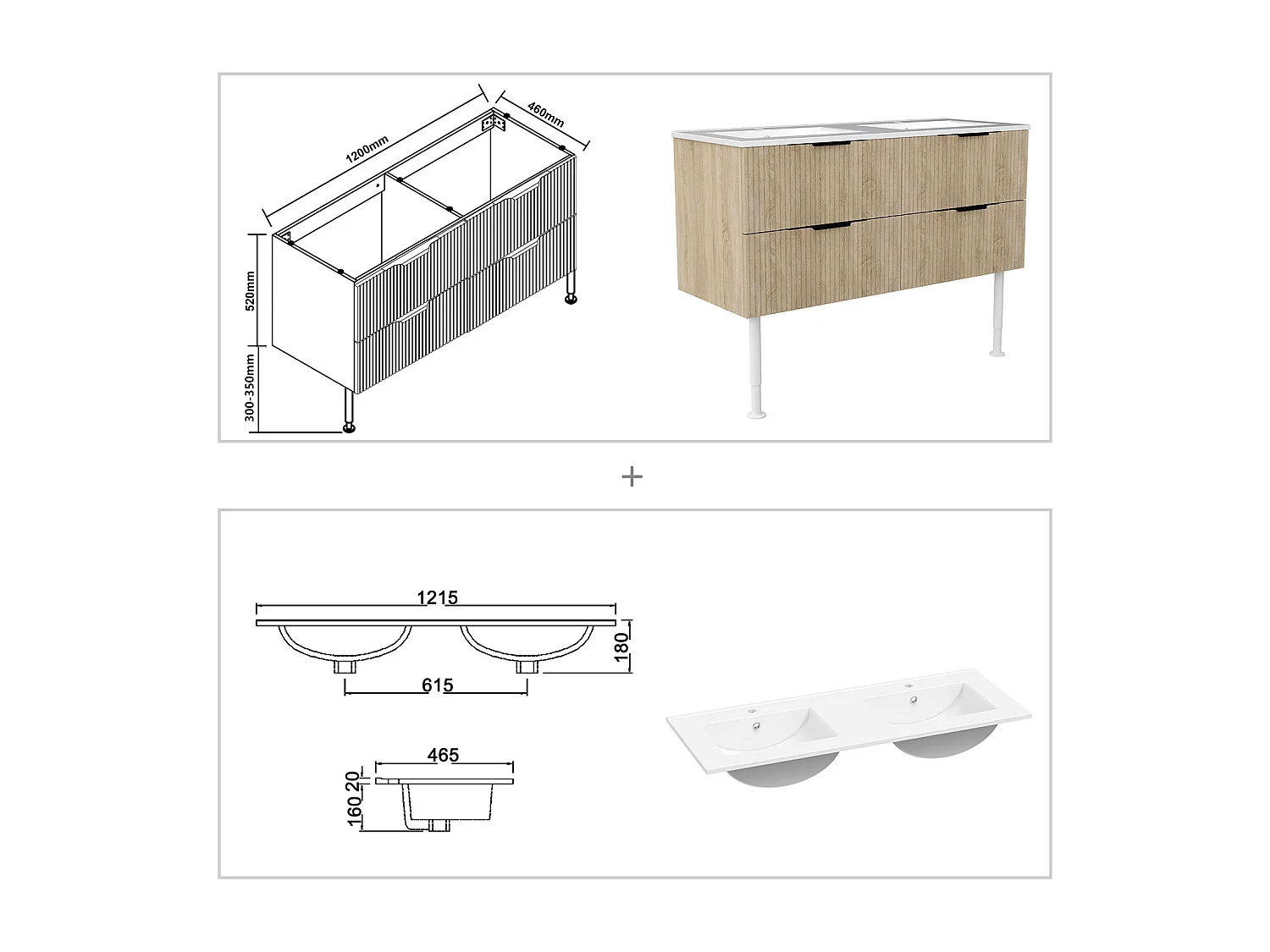 Meuble de salle de bain suspendu Strié 120cm avec pieds + poignées + double vasque + 4 tiroirs, Chêne