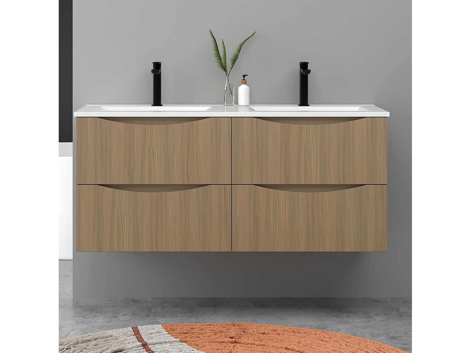 Meuble de salle de bain suspendu 120cm avec double vasque + 4 tiroirs, Noyer