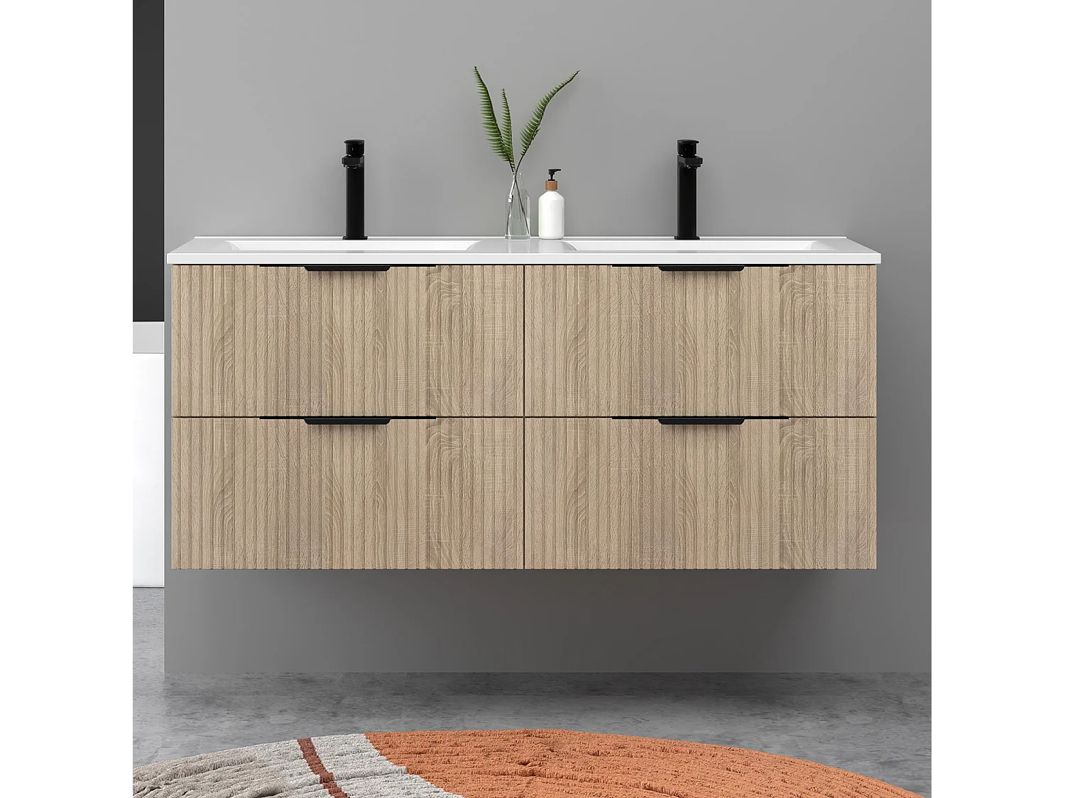 Meuble de salle de bain suspendu Strié 120cm avec poignées + double vasque + 4 tiroirs, Chêne