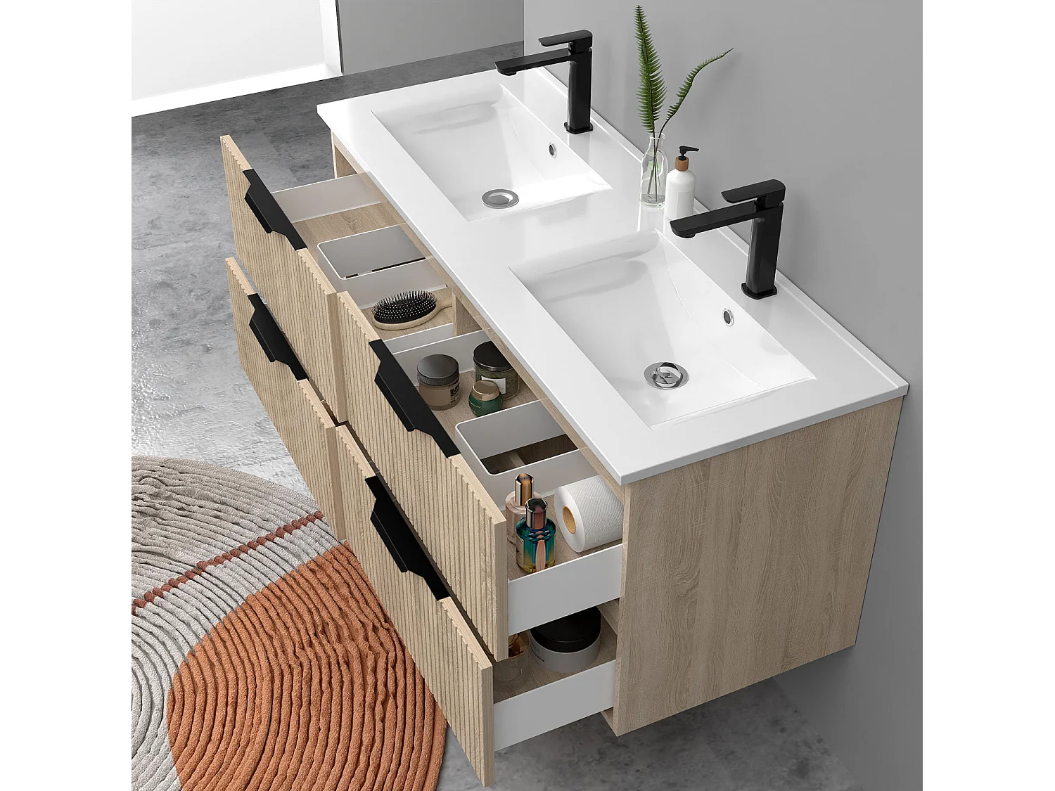Meuble de salle de bain suspendu Strié 120cm avec poignées + double vasque + 4 tiroirs, Chêne