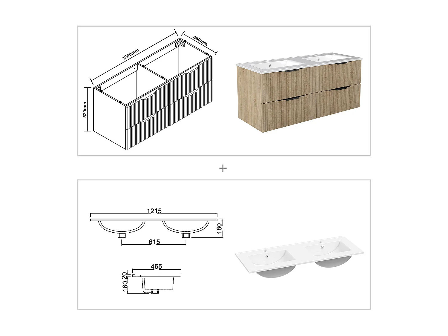 Meuble de salle de bain suspendu Strié 120cm avec poignées + double vasque + 4 tiroirs, Chêne